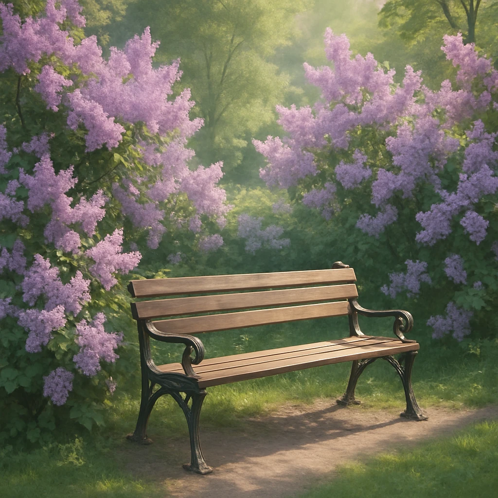 A park bench encircled by clusters of lilac blossoms, lush greenery, soft sunlight, peaceful setting emoji