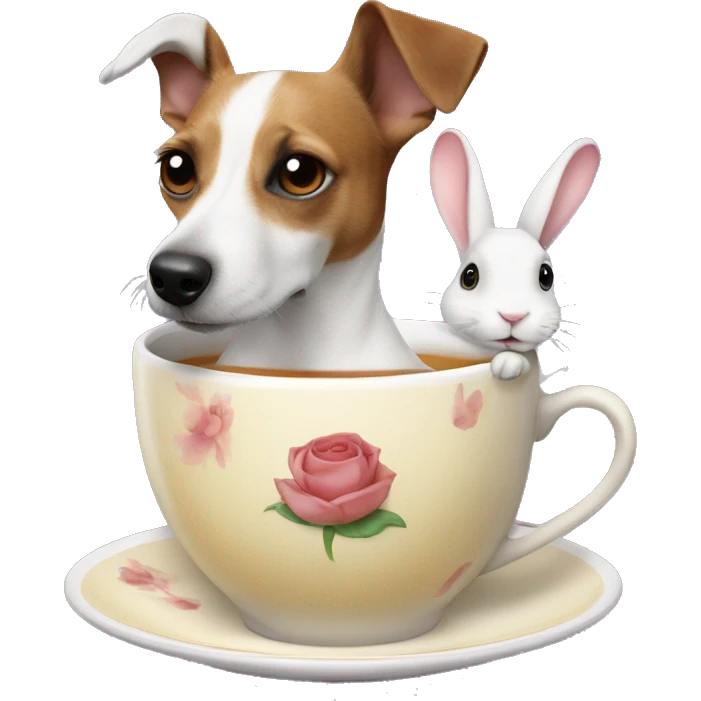 A jack russel dog having a cup of tea with the face of Elizabeth 2 and a rabbit in his back emoji