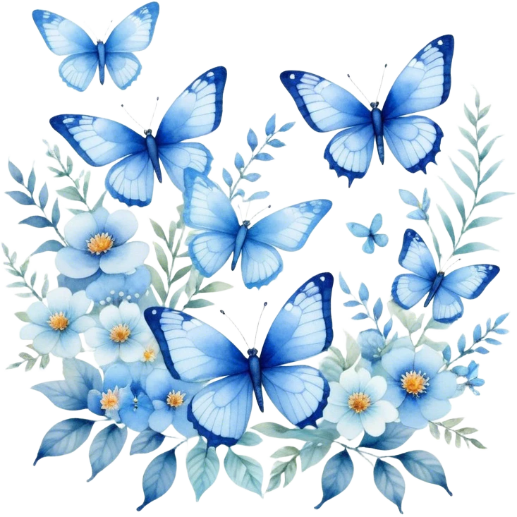 "A delicate watercolor painting of blue butterflies and dragonflies fluttering among soft floral patterns."
 emoji