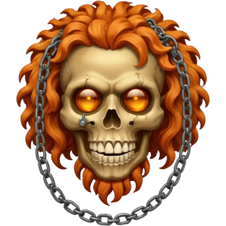 cinematic realistic steampunk Megadeth iconic skull mascot with a rusty chain in his teeth, huge curly orange hair emoji