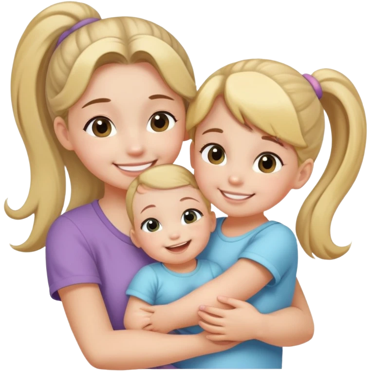 Teenage girl with ponytail embracing a baby and her little sister, loving family emoji