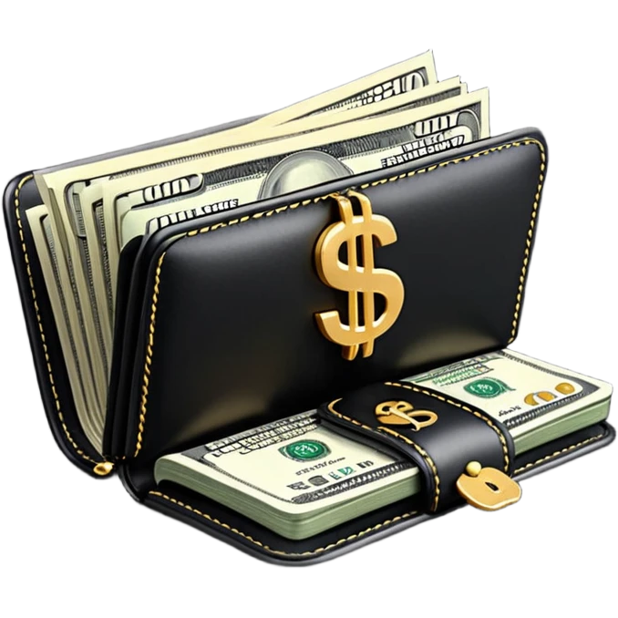 Rich emoji style black leather wallet with dollar bills, luxury money vibe, premium 3D emoji, ultra clean, high detail, no background
 emoji