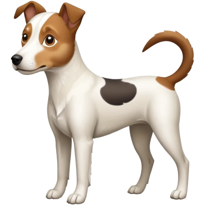 a full body large white parson russell looking dog the size of a kelpie with light brown flopped down ears and a light brown patch on one eye and a large snout emoji