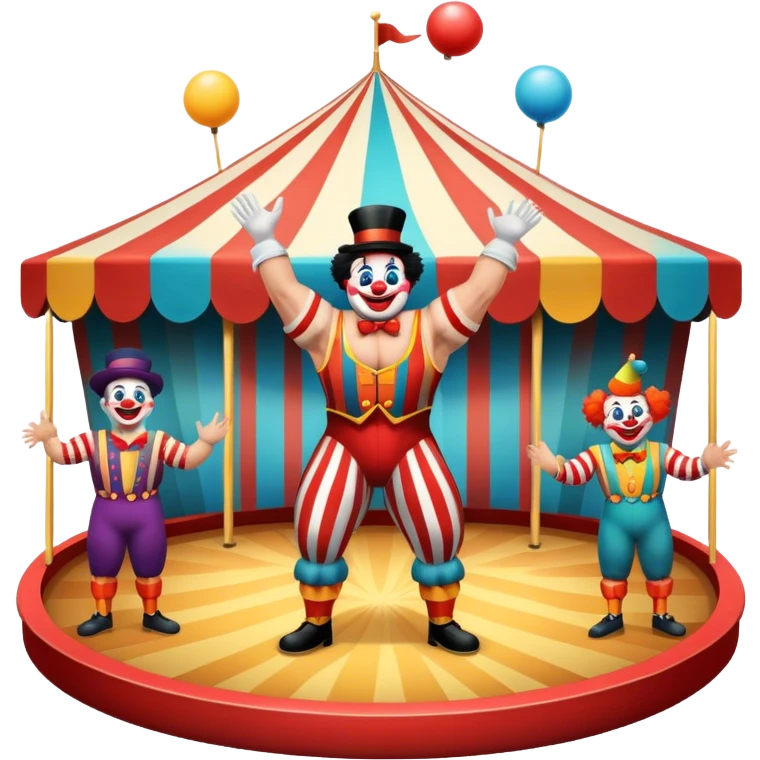 Icon for Circus Arts: a grand vibrant round circus arena with a strongman in a striped costume,  juggler and a clown performing. The icon should convey the excitement and fun of circus performances, with focus on the performers and the colorful setting. Transparent background. emoji