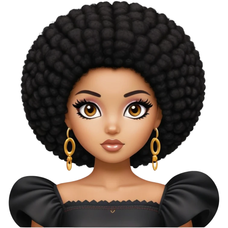 pretty bratz girl, dark black big afro, dark brown eyes, y2k fashion, black eyeliner, deep brown skin emoji