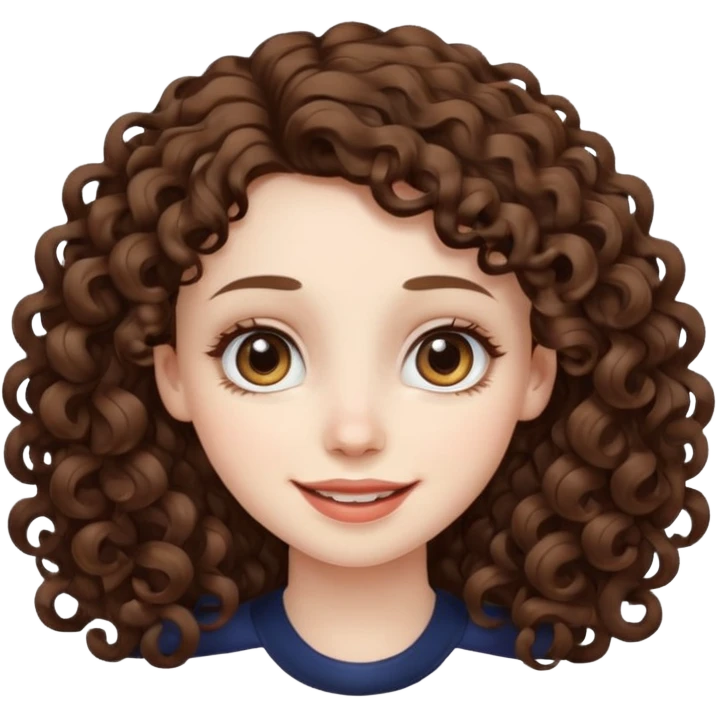 Light brown eyed female with pale skin. She has big eyes, curly and long dark brown hair and thin lips smiling. emoji