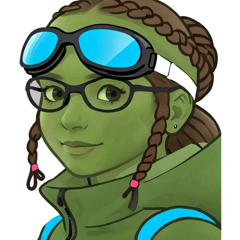 Girl with brown hair in braids skiing emoji