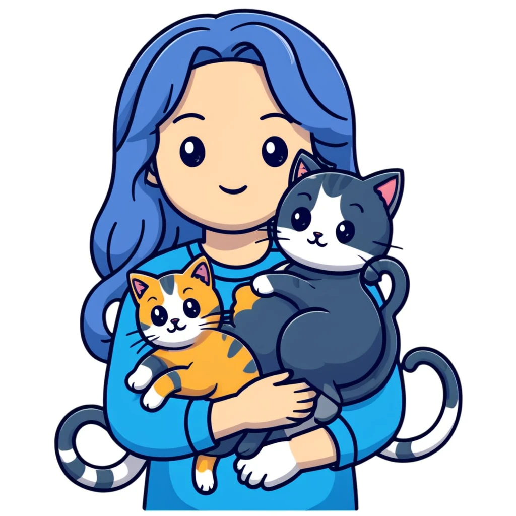Girl with long wavy blue hair holding three cats, one black cat, one grey cat, and one grey-striped cat emoji