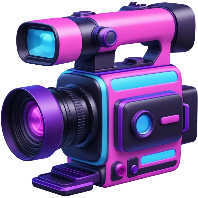 videographer's camera in pink and light blue colors, with neon glow lines, blue neon light on top left, purple neon light on bottom right emoji