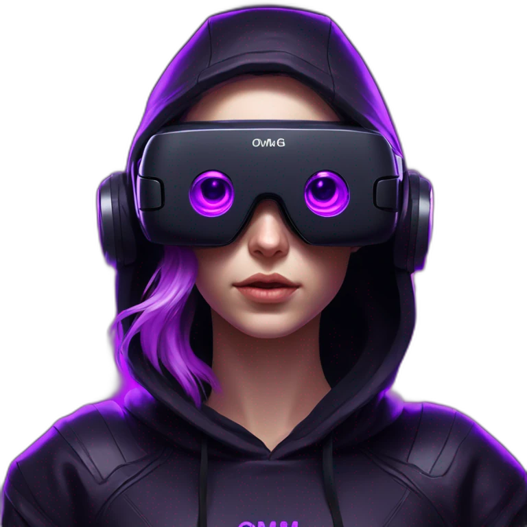 Russian girl wearing black hoody with violet letters "OMG", in vr headset. Cyberpunk style. Violet neon. emoji