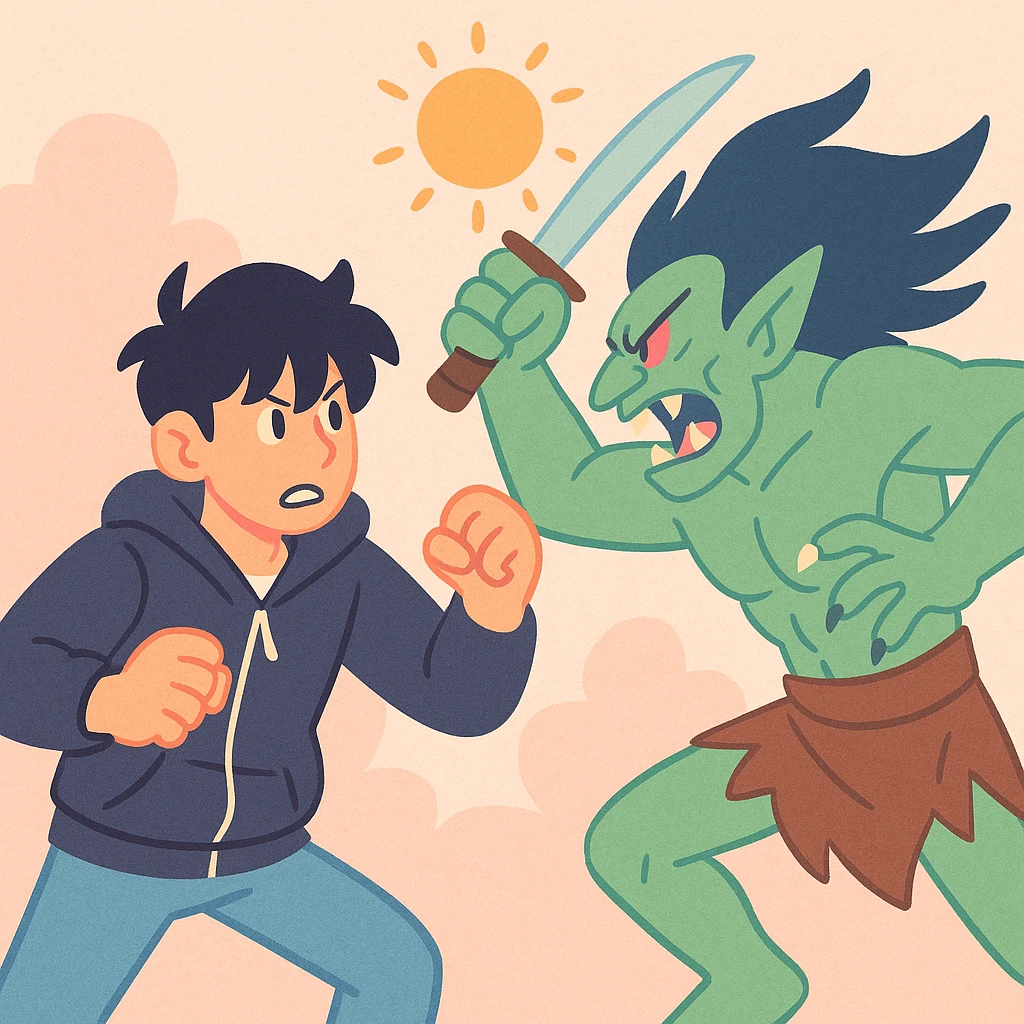 Sun Jin Woo vs Baruka, combat stylisé, style pastel toon emoji