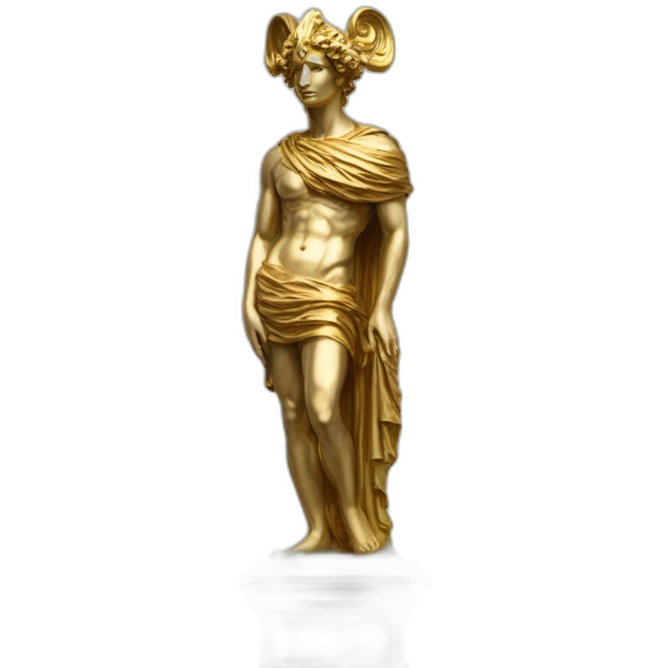 distant view of full length abstract renaissance statue of colorful figure with mask on gold glittering greek style plinth, 4K resolution emoji
