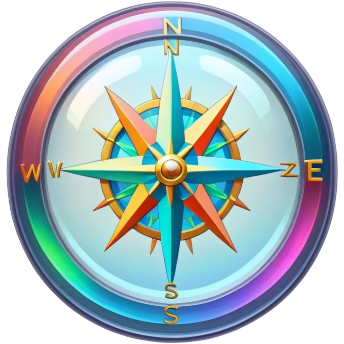 A glowing holographic compass with vibrant neon colors, inside a crystal-clear floating sphere emoji