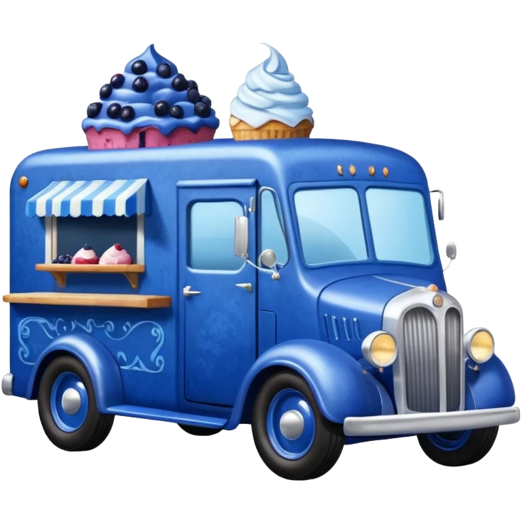 shiny-dark-blue crystal-bodied frozen blueberry muffin, pie, and ice cream, antique hot rod long-wheelbase durable-looking food truck  emoji