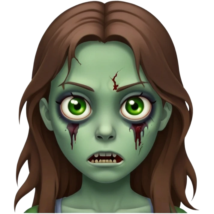 Girl zombie with long brown hair, green skin, black eyes with dark circles, and frightening expression emoji