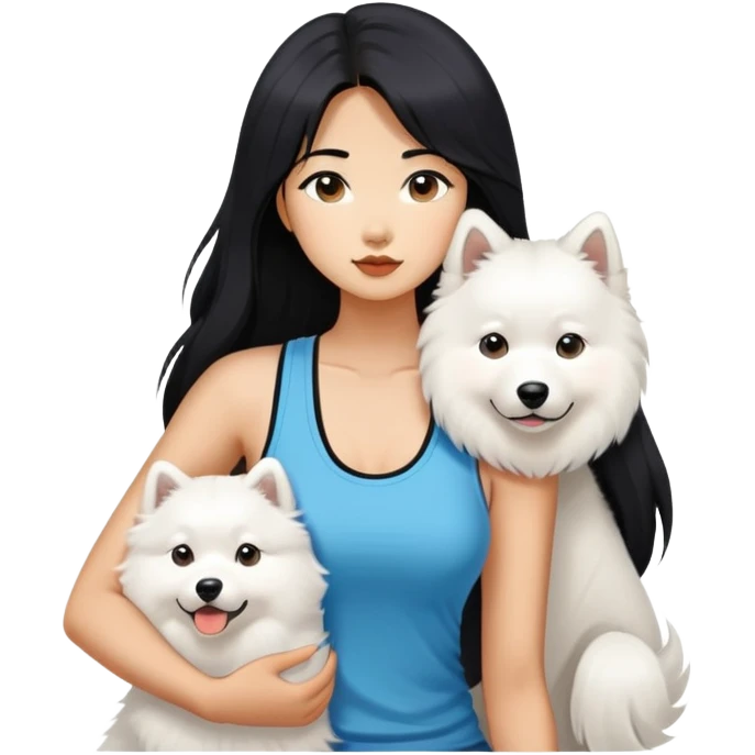 a asiatic girl in the tank top with long black  hair and a samoyed emoji