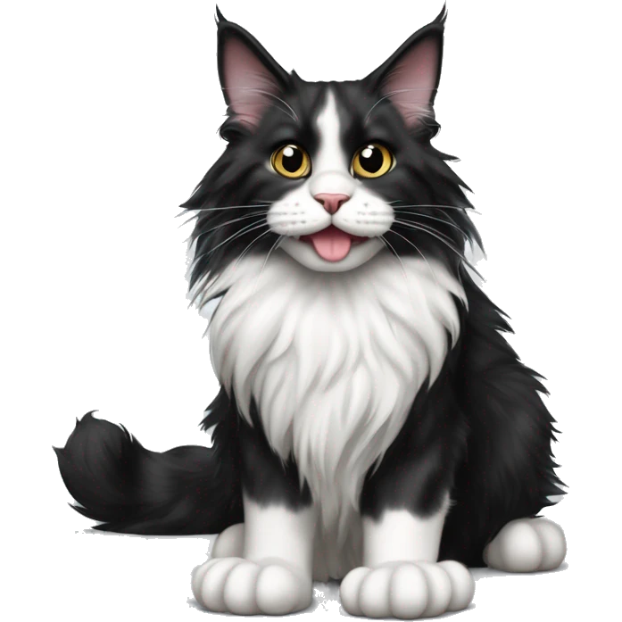 black and white maine coon cat with tongue hanging out and bulging eyes and paws standing on the floor emoji