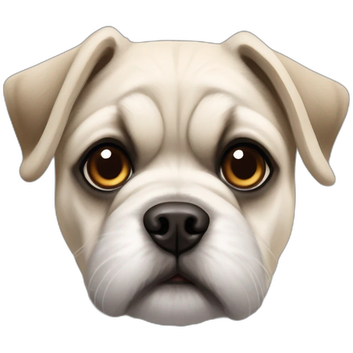 A pug cross bred with a schnauzer with fully white furr and brown eyes emoji