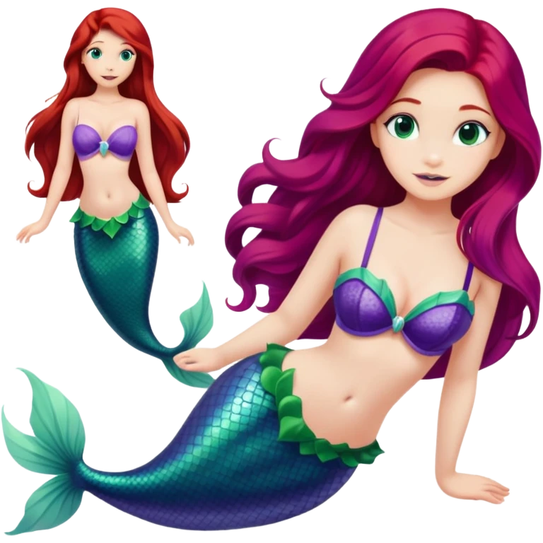 Ariel the little mermaid in her red hair with a purple bra shell and green tail  emoji