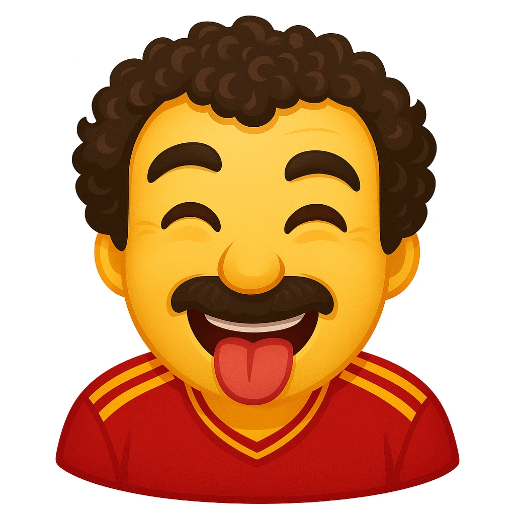 Create a fun emoji-style face based on the character in the reference image. Keep the curly hair, mustache, and red sports shirt with yellow stripes. Make the face expressive and recognizable as a playful emoji, capturing the character's playful personality in an emoji style. emoji