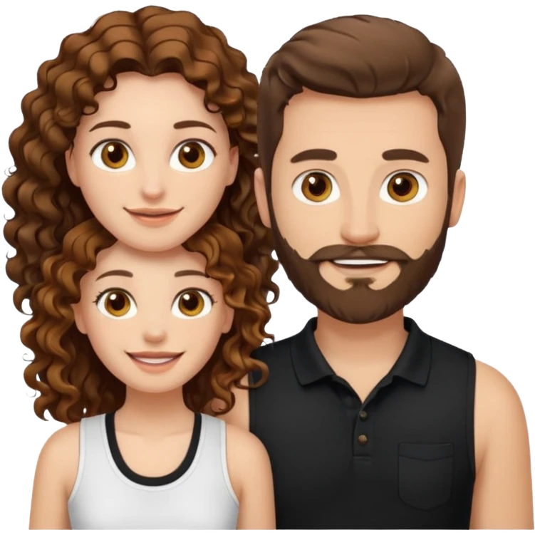 Criar Casal - Homem branco de cabelo liso e olhos marrom, com barba, usando camisa polo preta e mulher de pele branca cabelo cacheado marrom longo e olhos mel, usando uma regata branca, quero ela sorrindo emoji