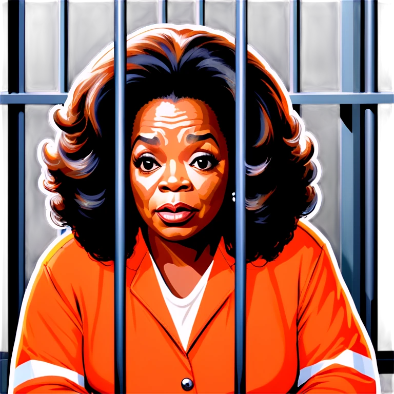 Oprah Winfrey in jail wearing an orange jumpsuit behind bars make her look sad emoji
