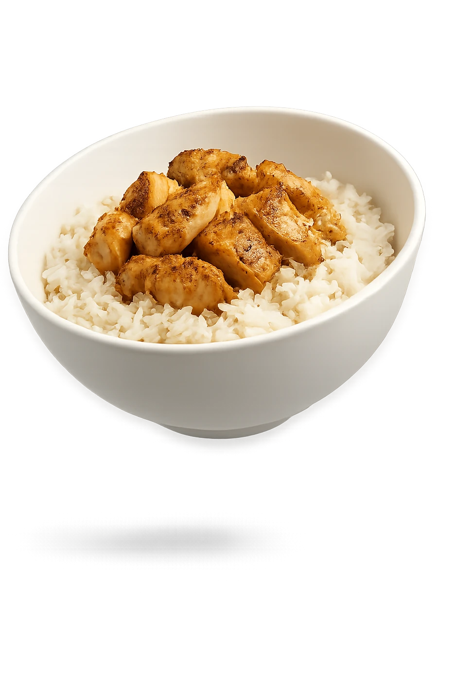 bowl bianca che fluttua in aria con riso e pollo emoji