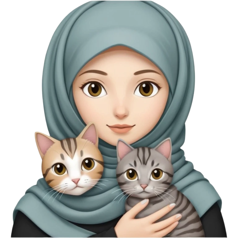 White girl wearing hijab holding a black and grey tabby cat emoji