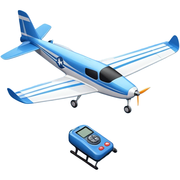 An icon featuring a remote-controlled model airplane soaring through the sky, with a detailed transmitter in the foreground. The sky is clear with motion lines showing flight. Transparent background emphasizes the precision, creativity, and joy of aeromodelling as a sport. emoji