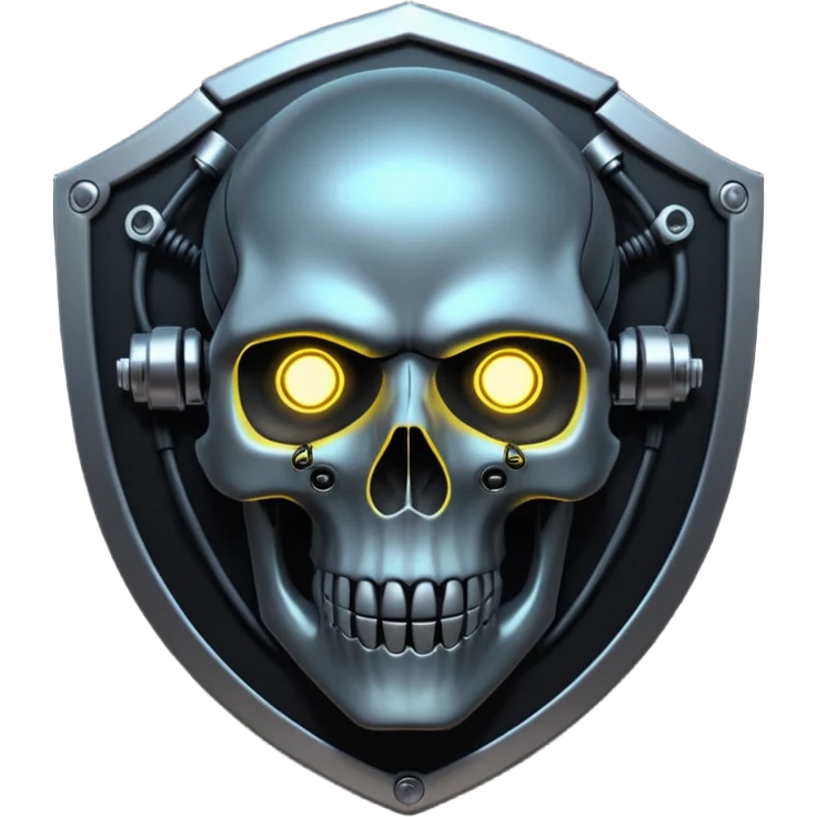 Cyberpunk shield, skull with cybernetic implants, glowing wires, dark electric silver and black tones, no background emoji