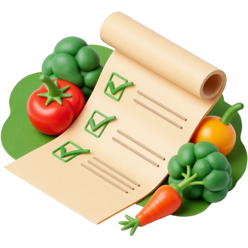 floating rolled paper list with green checkboxes and around vegetables emoji