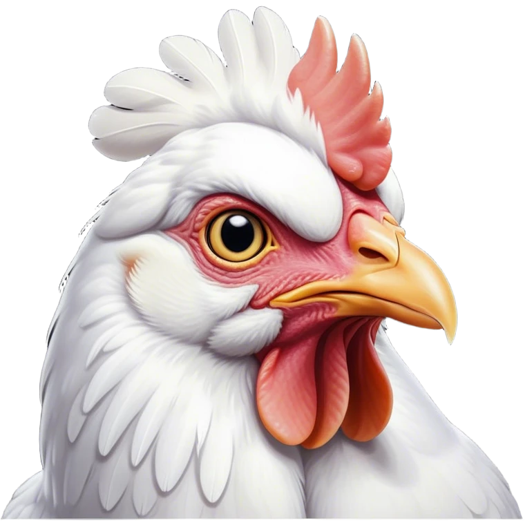 Cinematic Noble White Chicken Portrait Emoji, Poised and regal, with a compact, sturdy build and a pristine, well-groomed pure white plumage, deep-set soulful beady eyes, Simplified yet sharp and sophisticated features, highly detailed, glowing with a soft, dignified glow, high shine, intelligent and alert, stylized with an air of barnyard elegance, focused and attentive, soft glowing outline, capturing the essence of a watchful and confident fowl, so majestic it feels as though it could strut out of the screen with effortless authority! emoji