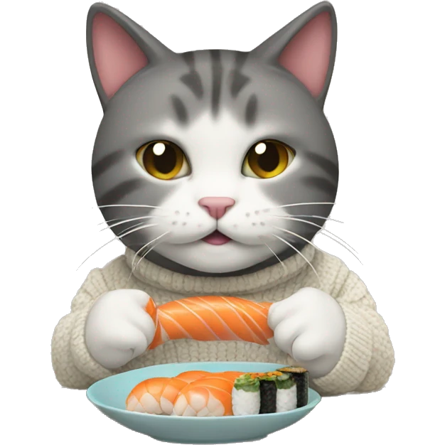 A cat wearing a sweater eating sushi  emoji