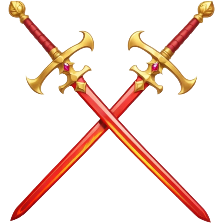 Two crossed swords that are golden in blade and handle and have fiery and royal appearence to them as well as red gem stones emoji