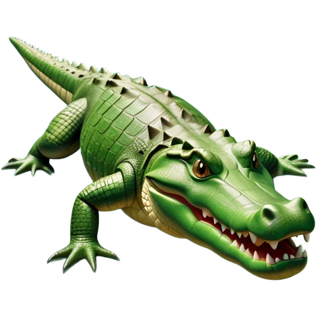 cinematic-crocodile-realistic-full-body-on all fours-emoji,-massive-scaled-body-partially-submerged-in-shallow-water,-head-tilted-dramatically,-rough-green-and-brown-hide-textured-with-deep-ridges,-simplified-yet-realistic-focused-features, head held high emoji