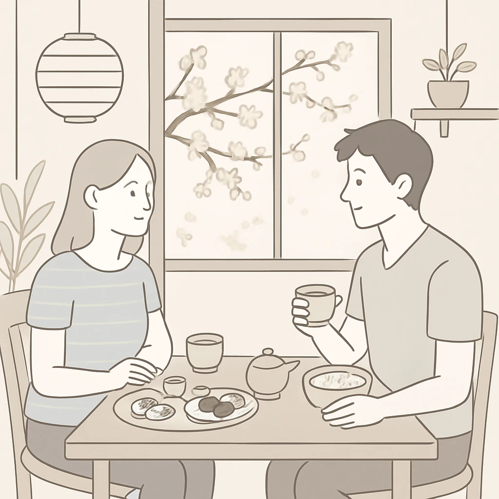 A man and woman sitting across from each other at a small wooden table in a cozy Japanese cafe. They are enjoying traditional Japanese food and tea. The cafe has minimalist decor with paper lanterns, plants, and a view of cherry blossoms outside the window. emoji