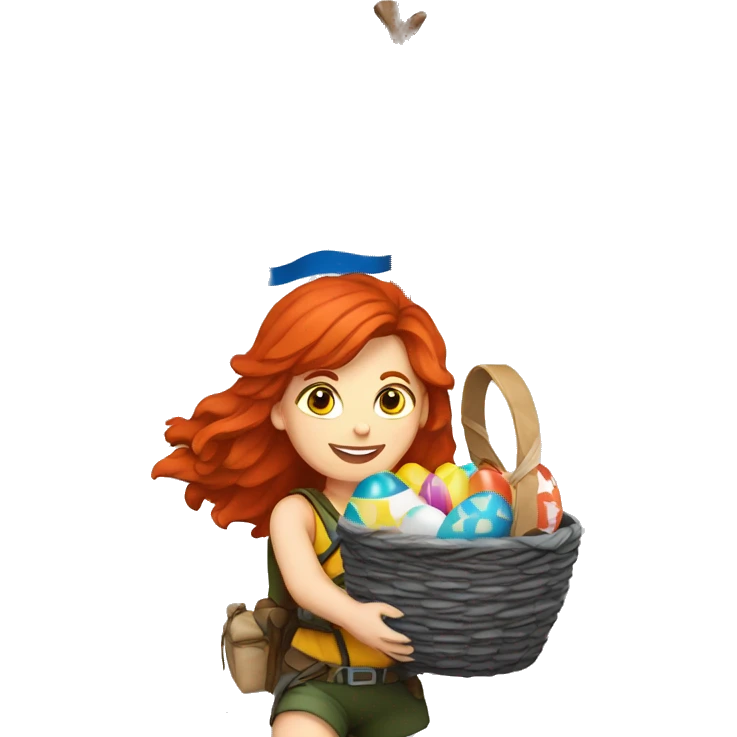Female mountaineer red hair climbing with the real Greek flag and holding Easter eggs basket emoji