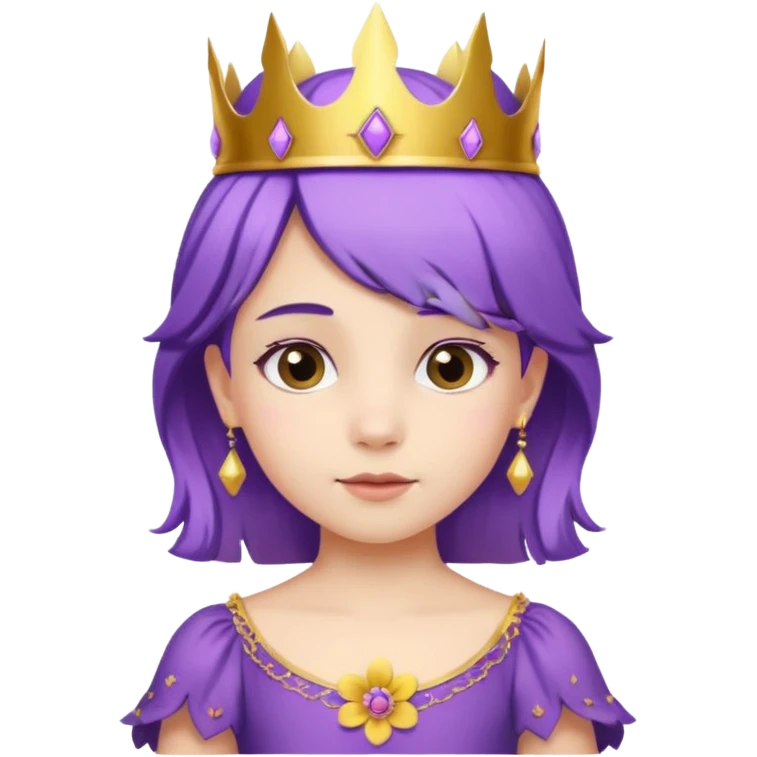 Princesses kid girl, with Gold Crown and flower on purple hair, with white dress emoji