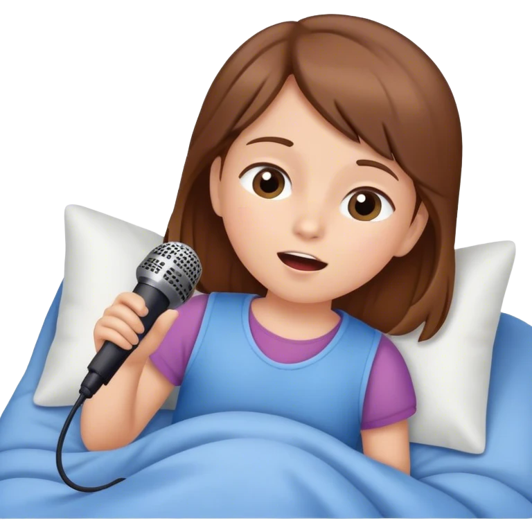 Little girl with brown hair singing karaoke in her sleep in bed emoji