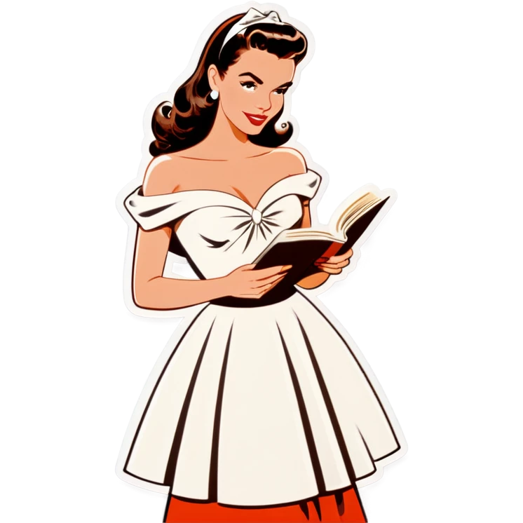 Beautiful woman in 1950’s woman fashion look, off-shoulder white dress, long dark brown hair, reading  emoji