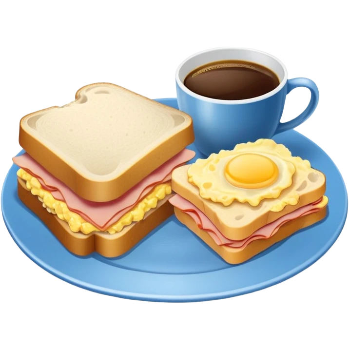 a blue breakfast plate, a sandwich with ham and scrambled eggs and a cup of white coffee emoji