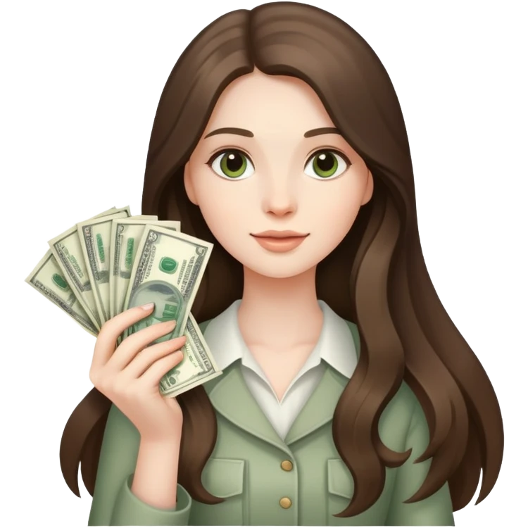beautiful pale brunette girl with long hair holding a bunxh of money emoji