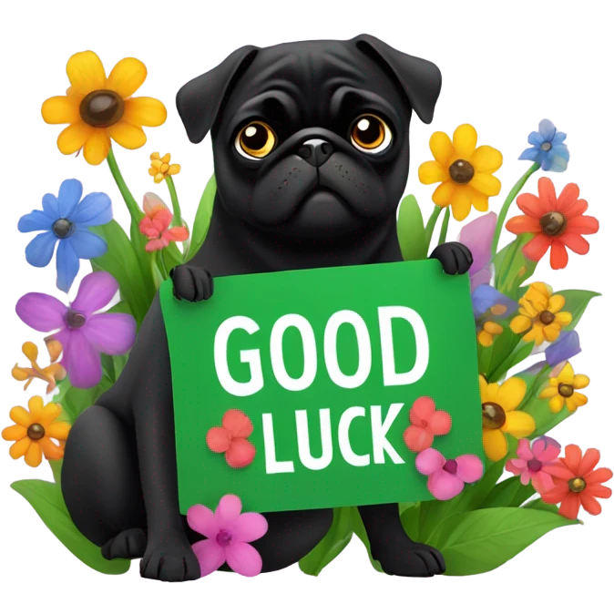 Black pug , surrounded by flowers, holding a green sign that says “good luck”  emoji