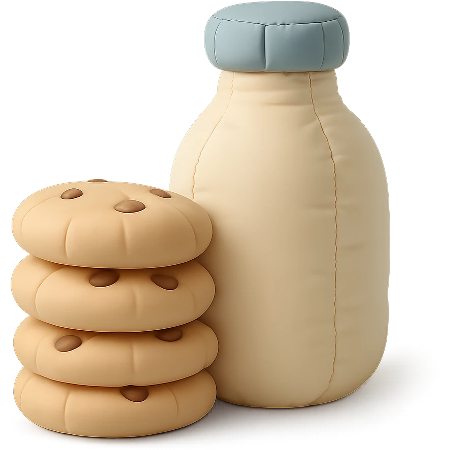 a cushion style stack of cookies next to a bottle of milk, cozy and rounded, pastel colors emoji