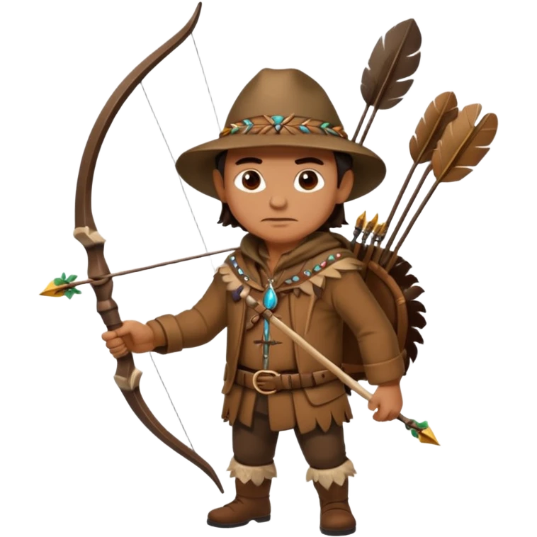 A classic middle-aged hunter, carrying a bow and arrow, dressed in brown clothes, and adorned with decorations made of feathers or bone teeth
 emoji