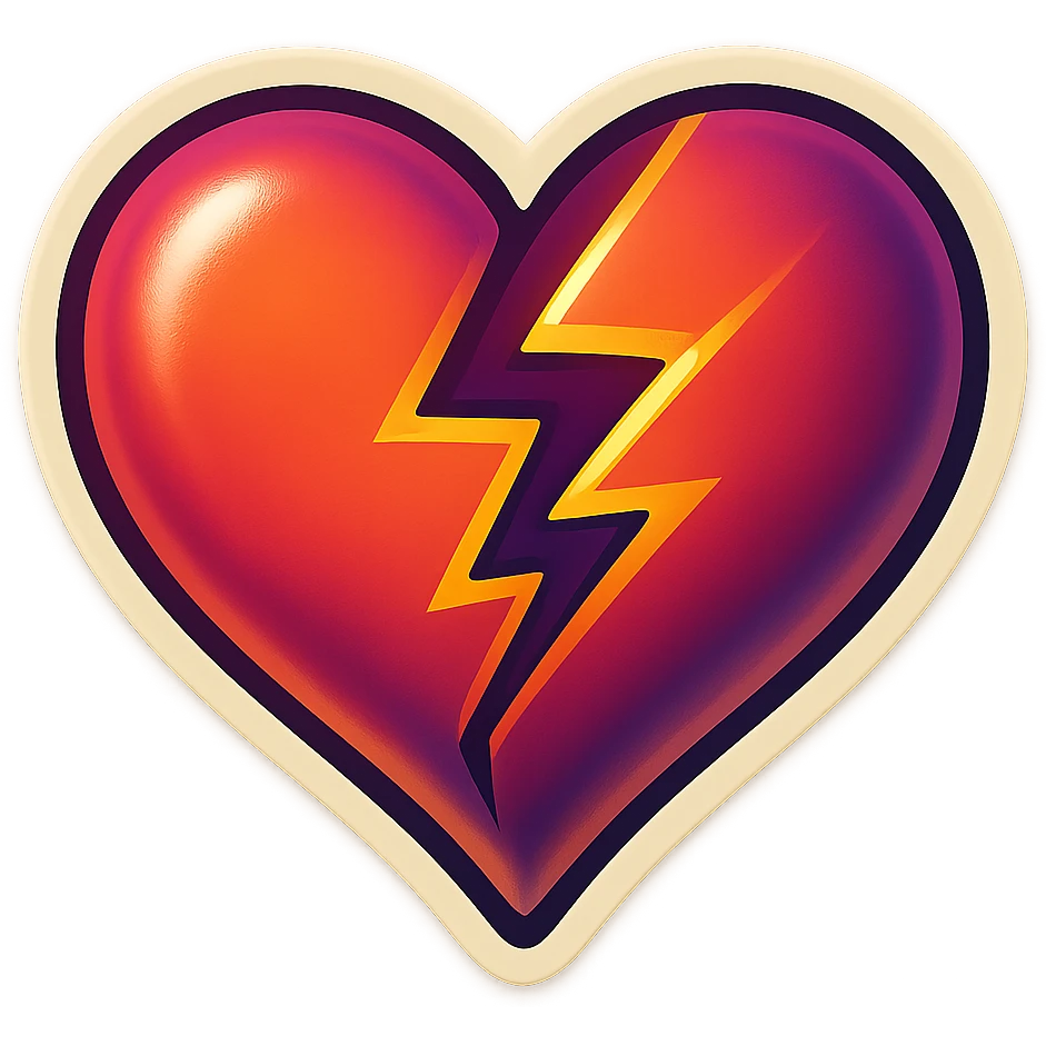 broken heart with lightning-shaped cracks, clear black outlines, sharp shadows and highlights only, no gradients, retro sticker style emoji