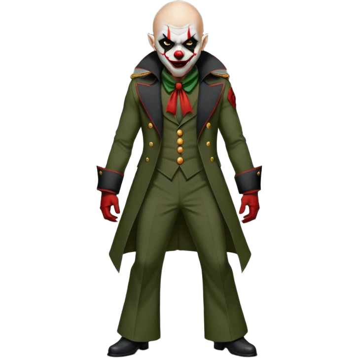 evil clown, bald, small black satan horns on forehead, fangs, pointed ears, eye patch over one eye, long coat over black and military green leisure suit with bellbottom pants, realistically proportioned, less bulky, full body, battle-ready fighting posture emoji