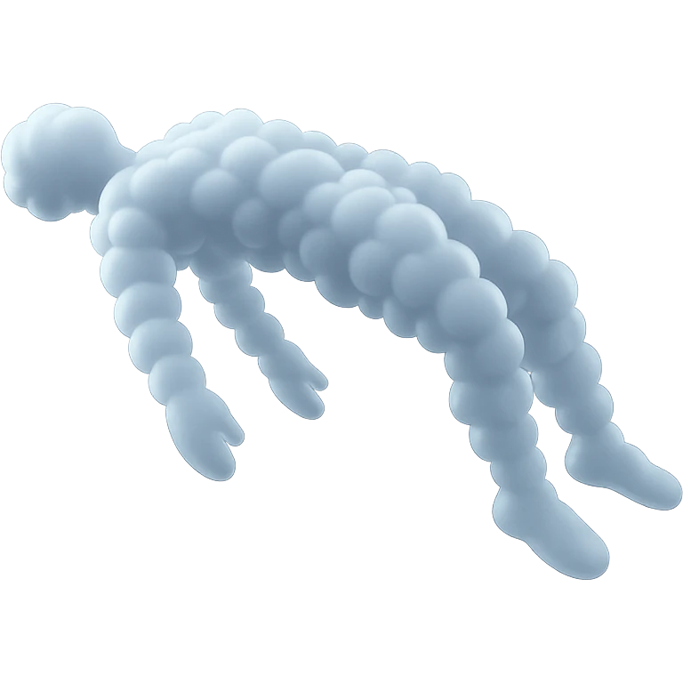 unconscious person flying upwards by torso, legs and arms down, made of small very bright white fluffy convex clouds, matte glass style emoji