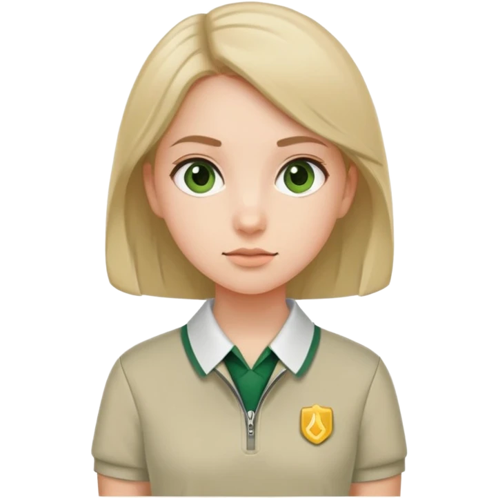 girl in a school uniform wearing a green polo, beige skirt, grey zipper jacket emoji