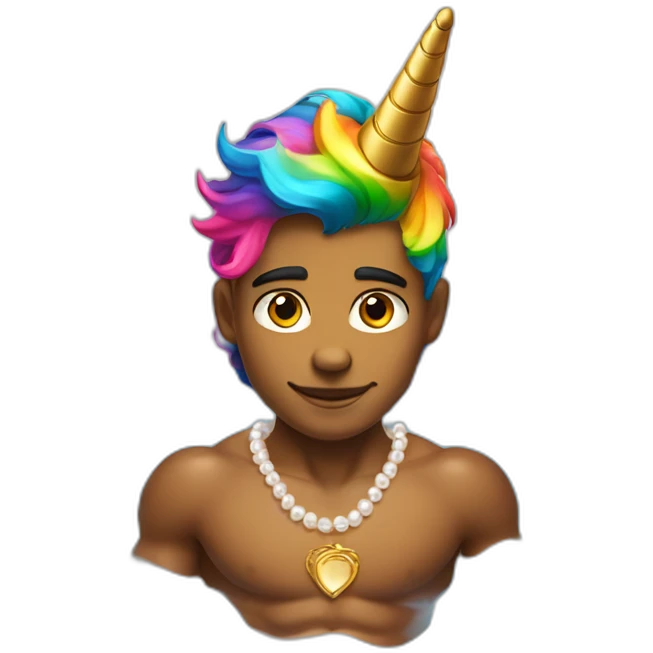 posh-muscle-boy-with-pearl-necklace-and-rainbow-unicorn-hair-in-golden-bathtub emoji